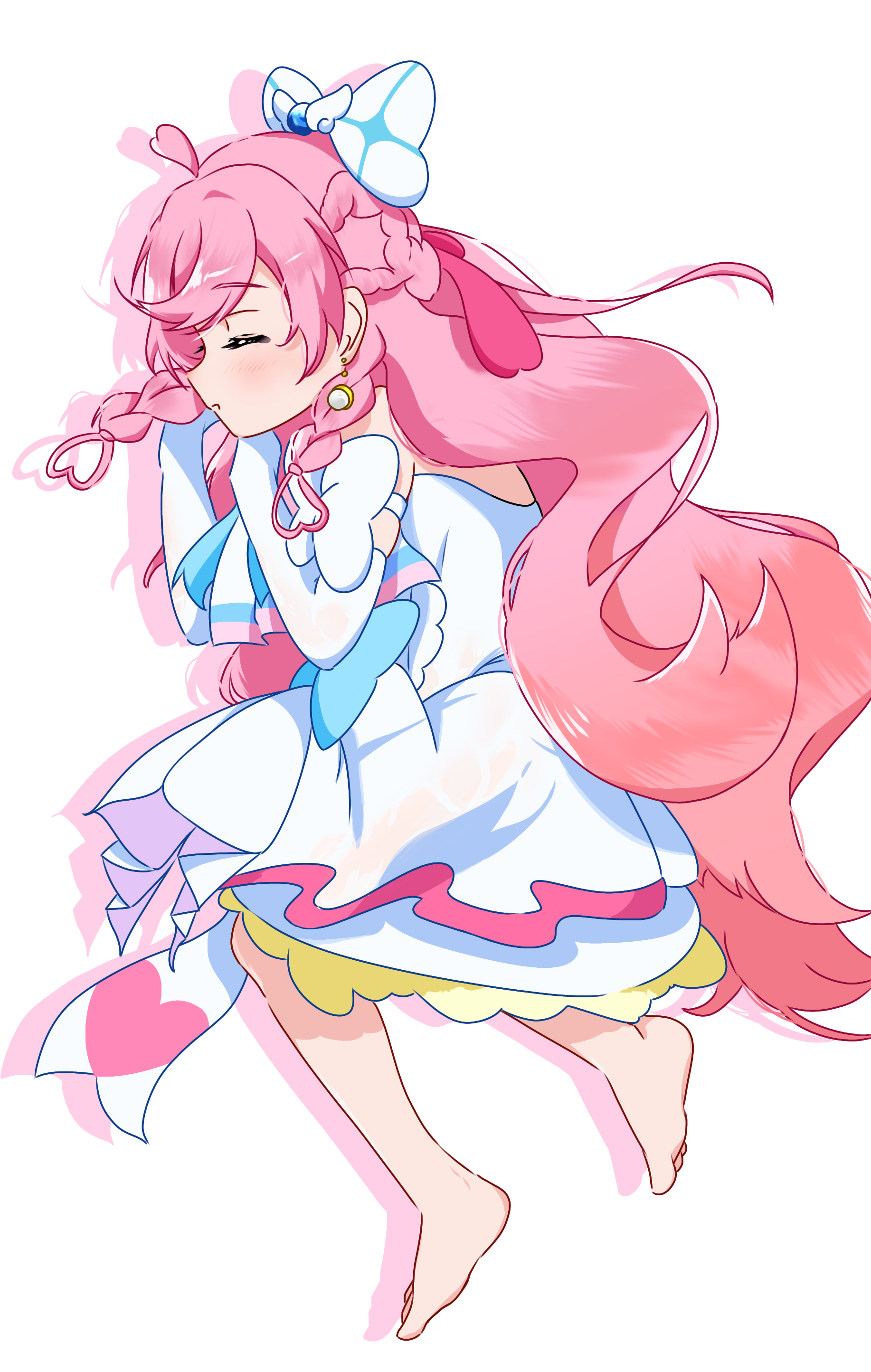 cure prism, nijigaoka mashiro, hirogaru sky! precure, precure, absurdres, commentary, highres, symbol-only commentary, 1girl, ahoge, arm bow, ascot, bare shoulders, barefoot, blue bow, bow, braid, closed eyes, closed mouth, dress, dress bow, drop shadow, earrings, elbow gloves, feet, frilled dress, frills, full body, gloves, hair bow, hair ornament, half up braid, halter dress, halterneck, heart, heart ahoge, jewelry, layered dress, long hair, lying, magical girl, medium dress, on side, pink hair, side braids, simple background, single earring, sleeping, sleeveless, sleeveless dress, solo, sphere earrings, swept bangs, toes, white ascot, white background, white bow, white dress, white gloves, wing hair ornament, yuduru 1008