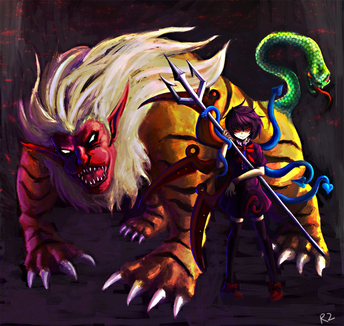 r2sais, houjuu nue, touhou, bad id, bad pixiv id, 1girl, black hair, black thighhighs, chimera (creature), dress, female focus, nue (creature), polearm, red eyes, short hair, snake, solo, spear, thighhighs, trident, weapon, wings, zettai ryouiki