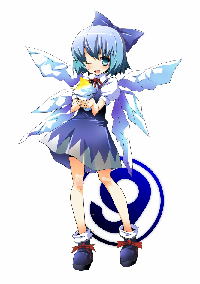 hermmy, cirno, phantasmagoria of flower view, touhou, blue eyes, blue hair, bow, circled 9, food, ice, one eye closed, pee, peeing, shaved ice, short hair, solo, wings, wink