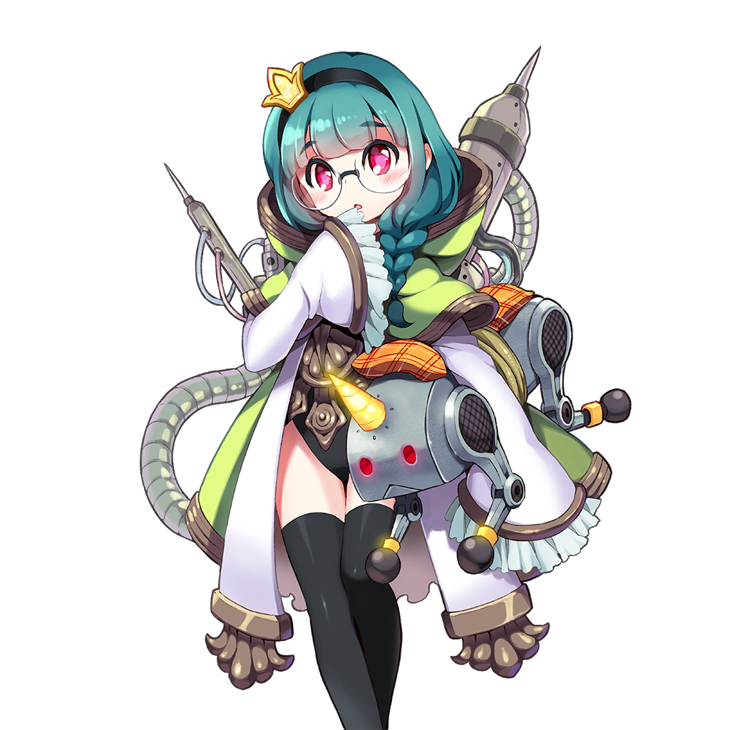 uchi no hime-sama ga ichiban kawaii, commentary request, 1girl, black hairband, black leotard, black thighhighs, braid, chiron (uchihime), coat, glasses, green hair, hair ornament, hairband, leotard, long hair, machine, red eyes, thighhighs, white coat, wide sleeves