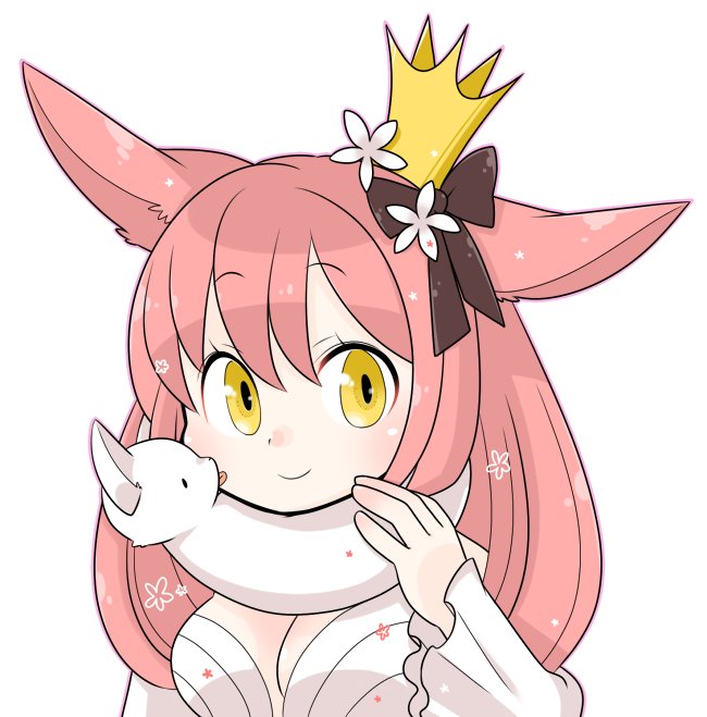 wanderer (ragnarok online), ragnarok online, commentary request, 1girl, blush, bow, breasts, brown bow, closed mouth, crown, dress, flower, hair flower, hair ornament, long hair, long sleeves, looking at viewer, medium breasts, mini crown, oekakipikki, official alternate costume, pink hair, simple background, smile, solo, upper body, white background, white dress, white flower, yellow eyes