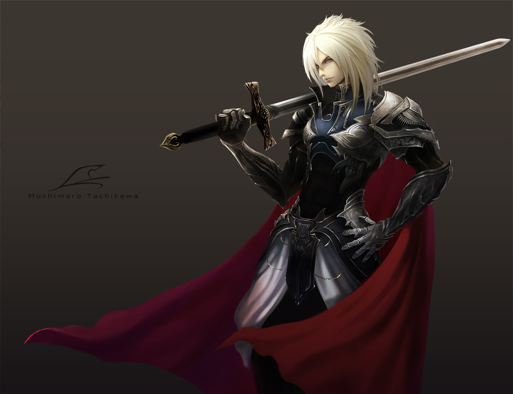 tachikawa mushimaro, leon (sword world), sword world, 1boy, aqua eyes, armor, blonde hair, cape, dark, gloves, male focus, mediev, medieval, short hair, solo, sword, weapon