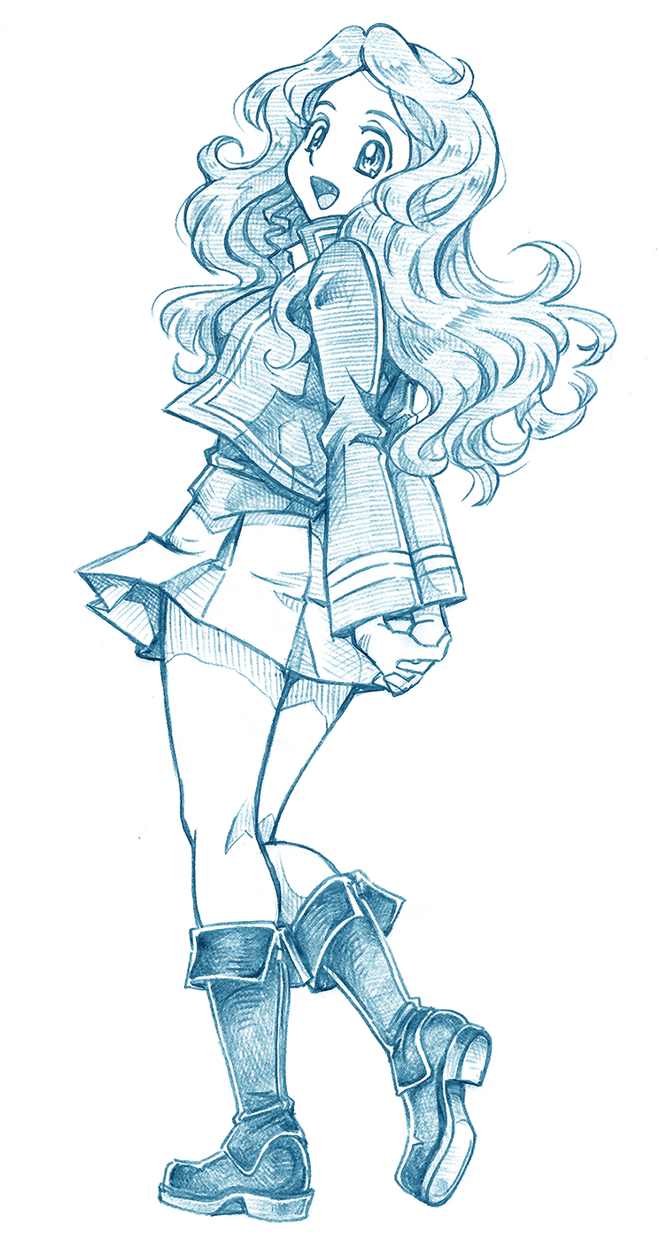 bbb (friskuser), isabe (girls und panzer), girls und panzer, commentary, highres, 1girl, arms behind back, bc freedom military uniform, blue theme, boots, from behind, full body, heel up, interlocked fingers, jacket, long hair, long sleeves, looking at viewer, looking back, military uniform, miniskirt, monochrome, open mouth, own hands together, pleated skirt, skirt, smile, solo, standing, vest, wavy hair