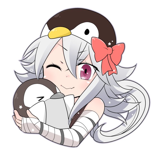 sura (ragnarok online), ragnarok online, commentary request, 1girl, bandaged arm, bandages, blush, bow, closed mouth, grey hair, hat, hat bow, long hair, looking at viewer, oekakipikki, official alternate costume, one eye closed, penguin hat, portrait, purple eyes, red bow, simple background, smile, solo, white background