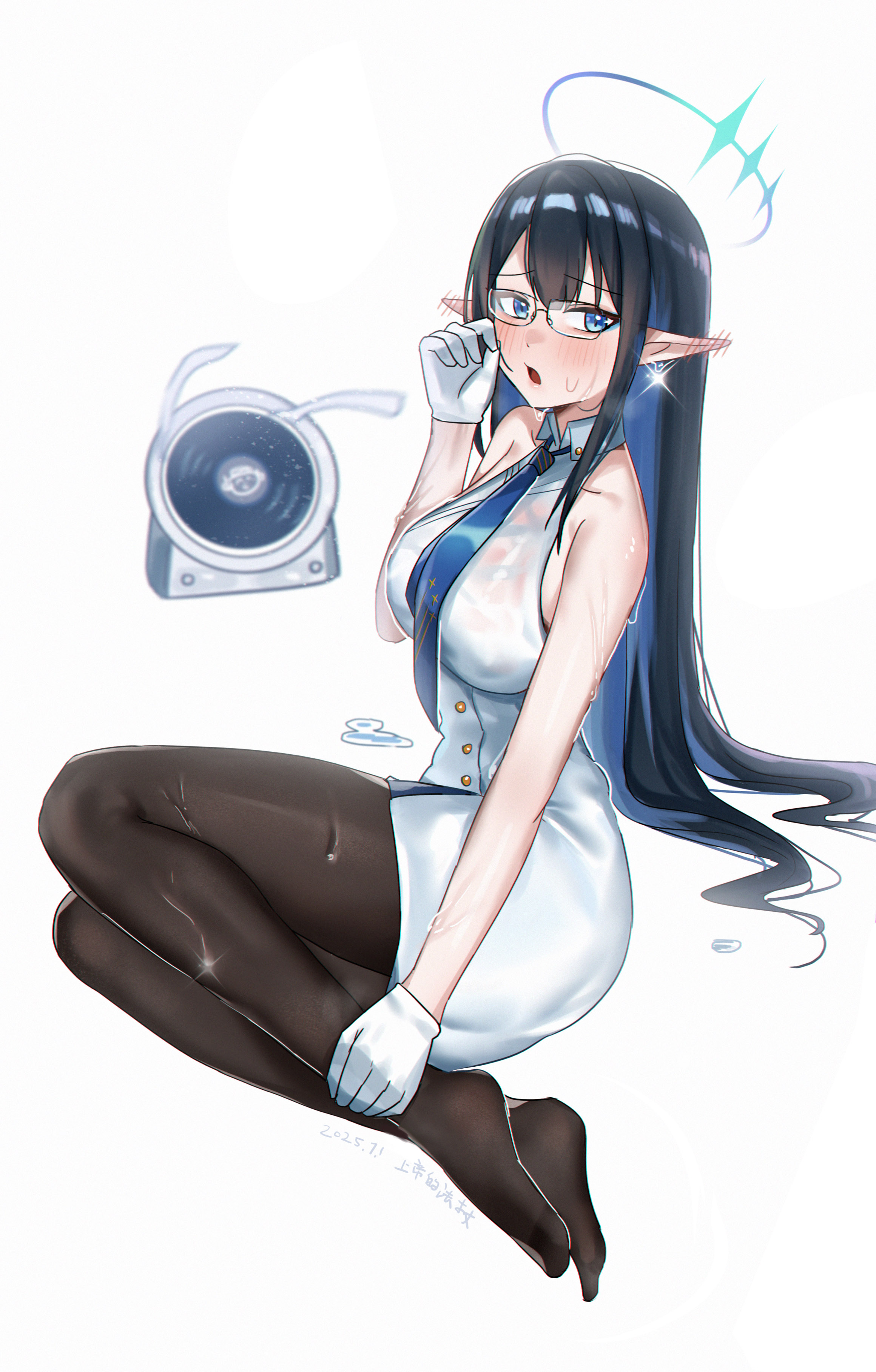 shangdi de fa zhang, rin (blue archive), blue archive, absurdres, commentary request, highres, 1girl, artist name, black-framed eyewear, black hair, black pantyhose, blue hair, blue halo, blue necktie, blunt bangs, blush, breasts, collared dress, colored inner hair, dated, dress, ear blush, electric fan, feet, full body, furrowed brow, glasses, glint, gloves, hair between eyes, halo, hand up, large breasts, long hair, looking at viewer, multicolored hair, necktie, no shoes, open mouth, pantyhose, pointy ears, see-through clothes, see-through dress, short dress, sidelocks, simple background, sitting, sleeveless, sleeveless dress, solo, straight hair, two-tone hair, very long hair, wet, wet clothes, wet dress, white background, white dress, white gloves, yokozuwari