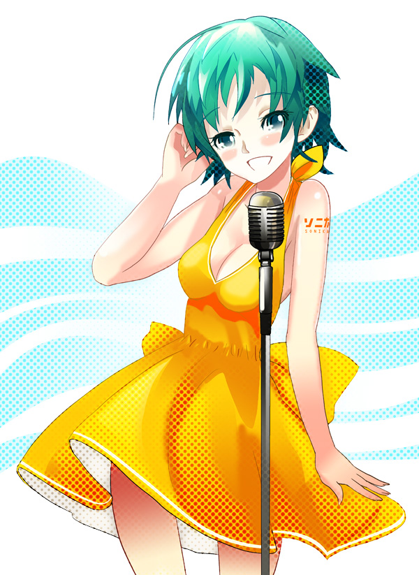 kanipanda, sonika, vocaloid, bad id, bad pixiv id, 1girl, aqua eyes, breasts, cleavage, dress, female focus, green eyes, medium breasts, microphone, microphone stand, short dress, short hair, smile, solo