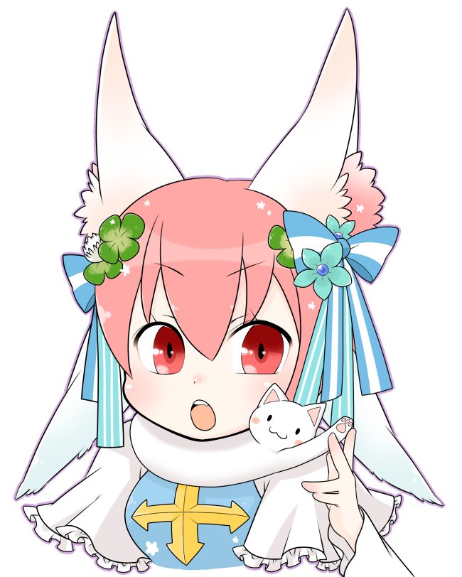 arch bishop (ragnarok online), ragnarok online, commentary request, 1girl, animal, animal around neck, animal ears, blue bow, blue dress, blue flower, blush, bow, cat, cross, dress, flower, fox ears, fox girl, frilled dress, frills, hair bow, hair flower, hair ornament, looking at viewer, oekakipikki, official alternate costume, open mouth, pink hair, red eyes, short hair, simple background, solo, two-tone dress, upper body, v-shaped eyebrows, white background, white cat, white dress