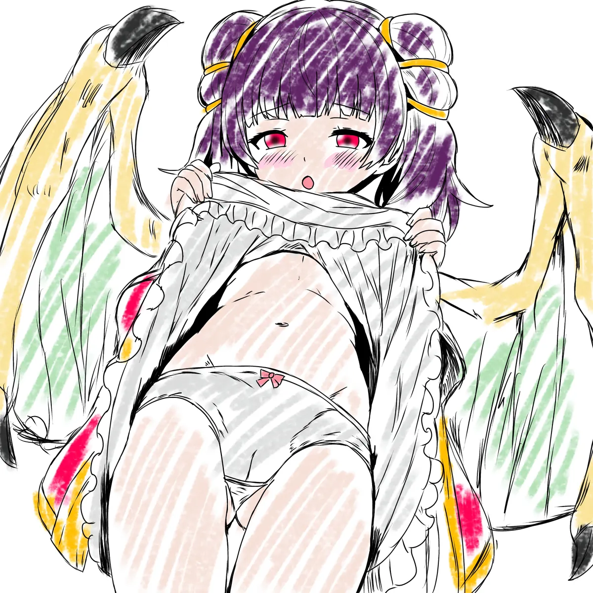 myrrh (fire emblem), fire emblem, fire emblem: the sacred stones, nintendo, 1girl, blush, bow, bow panties, cameltoe, cleft of venus, clothes lift, dragon girl, dragon wings, dress, dress lift, gluteal fold, looking at viewer, midriff, navel, nemonemonerune, panties, presenting, presenting pussy, purple hair, pussy, red eyes, simple background, solo, twintails, underwear, wings