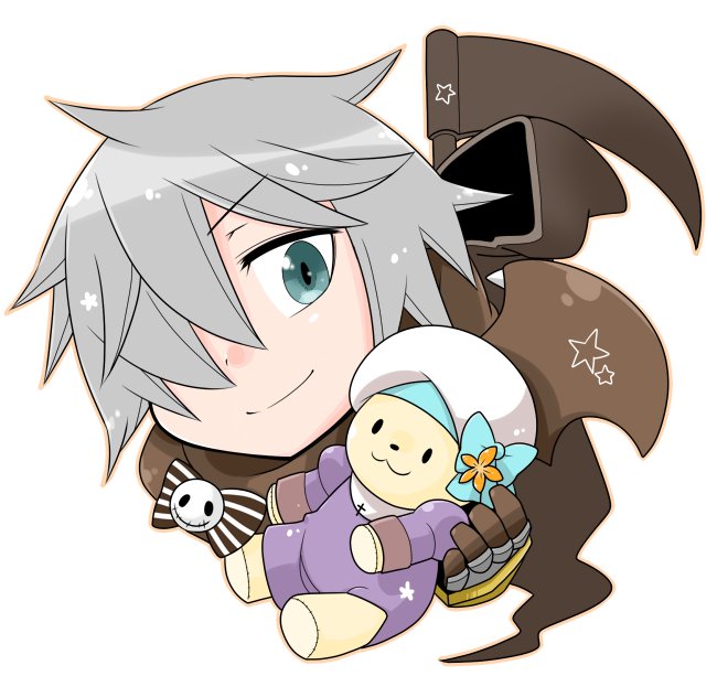 priest (ragnarok online), rune knight (ragnarok online), ragnarok online, commentary request, 1boy, blue eyes, closed mouth, gauntlets, grey hair, hair between eyes, hair over one eye, holding, holding stuffed toy, long bangs, looking at viewer, male focus, oekakipikki, portrait, scythe, short hair, simple background, smile, solo, stuffed animal, stuffed toy, teddy bear, white background