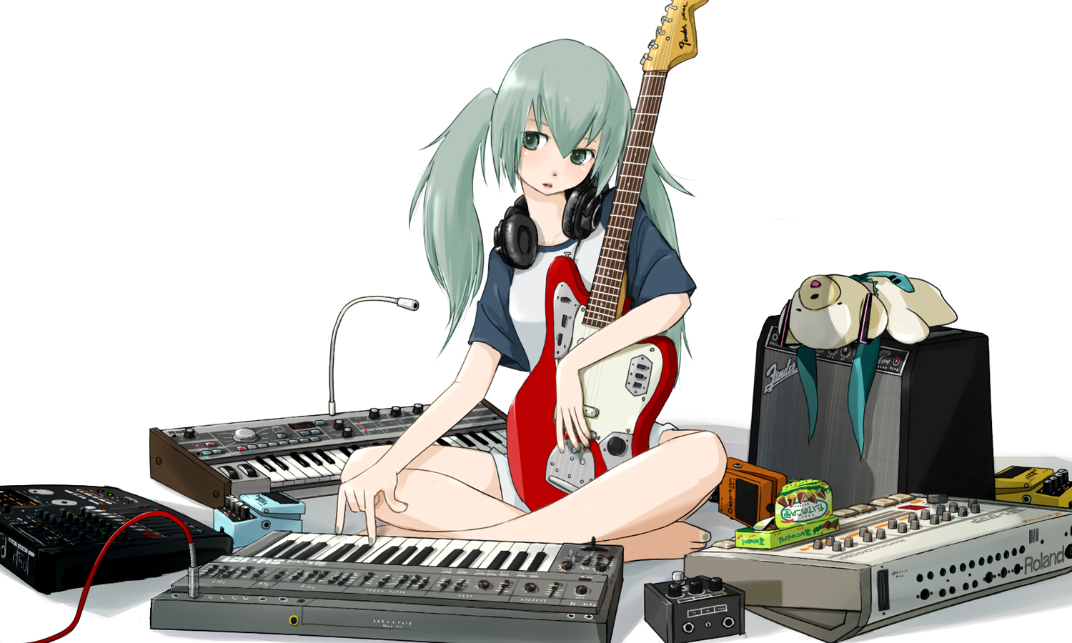 anko (pixiv249614), anko anko, hatsune miku, vocaloid, 1girl, amplifier, aqua eyes, aqua hair, barefoot, cable, casual, effects pedal, electric guitar, female focus, fender (company), fender jaguar, guitar, headphones, instrument, long hair, microphone, mustang (guitar), simple background, sitting, solo, speaker, twintails