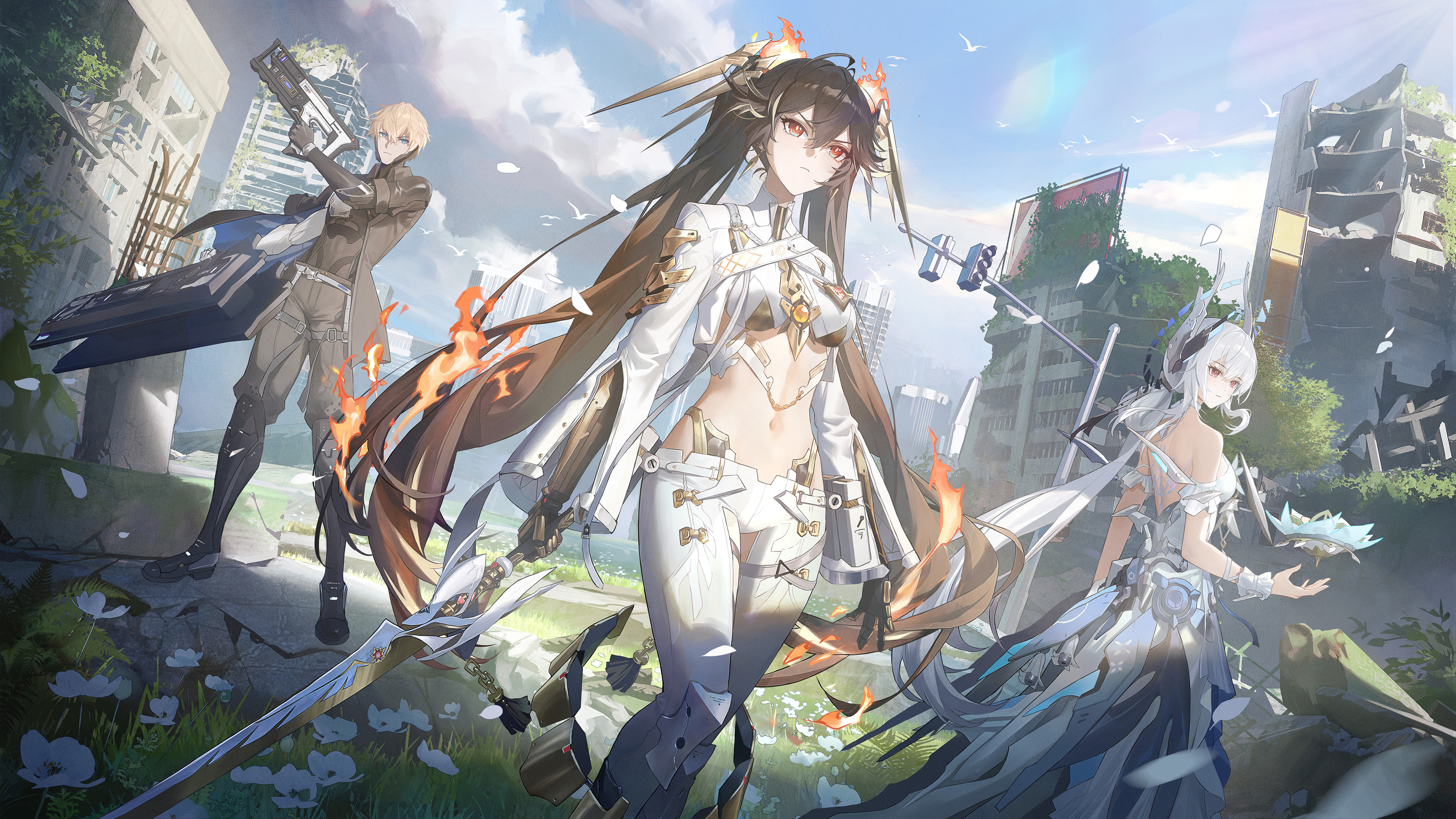 ttk (kirinottk), lee: hyperreal (pgr), lee (pgr), liv: eclipse (pgr), liv (pgr), lucia: pyroath (pgr), lucia (pgr), punishing: gray raven, absurdres, commentary request, highres, 1boy, 2girls, asymmetrical dual wielding, black hair, black jacket, black pants, blonde hair, blue sky, breasts, day, dress, dual wielding, gun, hand up, headgear, holding, holding gun, holding sword, holding weapon, jacket, long hair, long sleeves, mechanical arms, mechanical hands, medium breasts, multiple girls, navel, outdoors, pants, shrug (clothing), sky, stomach, sword, twintails, weapon, white dress, white pants, white shrug