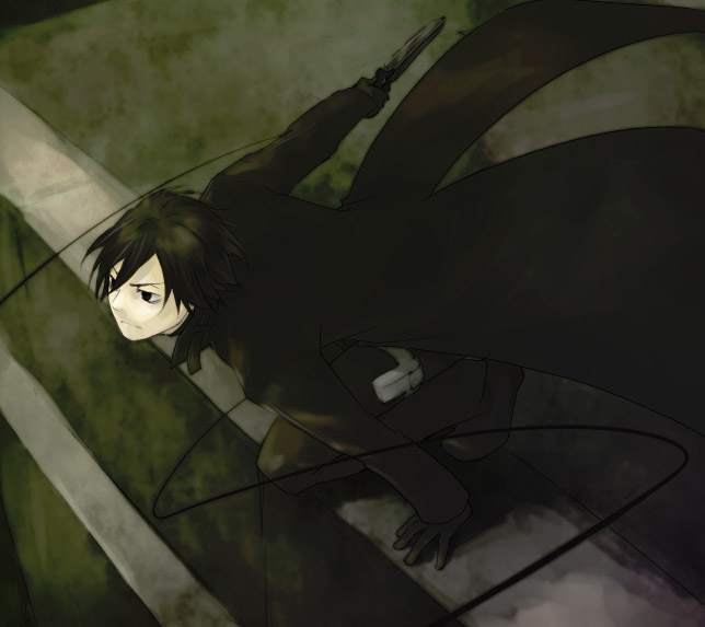 kinuko, kinuko (artist), tomobe kinuko, hei (darker than black), darker than black, bad id, bad pixiv id, 00s, 1boy, black eyes, black hair, cloak, coat, knife, male focus, short hair, solo, squatting, thigh strap, trench coat, wire