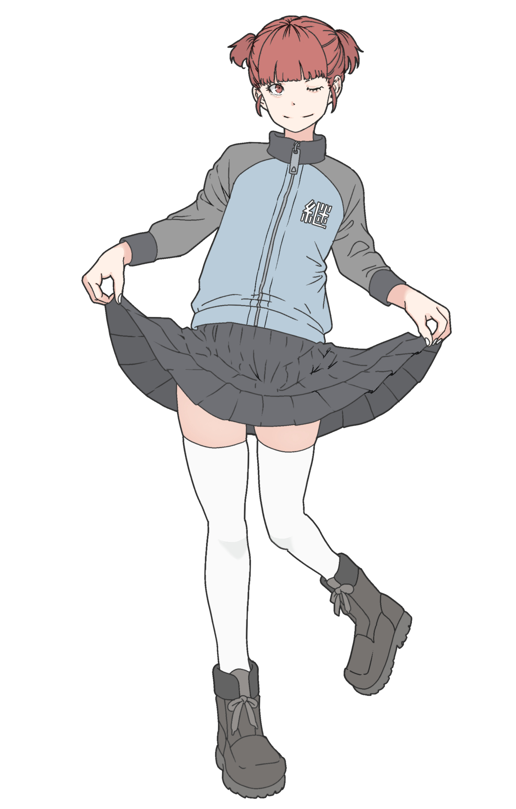 skrmtl, mikko (girls und panzer), girls und panzer, absurdres, highres, 1girl, black skirt, blue jacket, blunt bangs, closed mouth, curtsey, full body, jacket, keizoku military uniform, long sleeves, looking at viewer, military uniform, miniskirt, one eye closed, pleated skirt, raglan sleeves, red eyes, red hair, short hair, short twintails, simple background, skirt, skirt hold, solo, standing, standing on one leg, thighhighs, track jacket, twintails, white background, white thighhighs