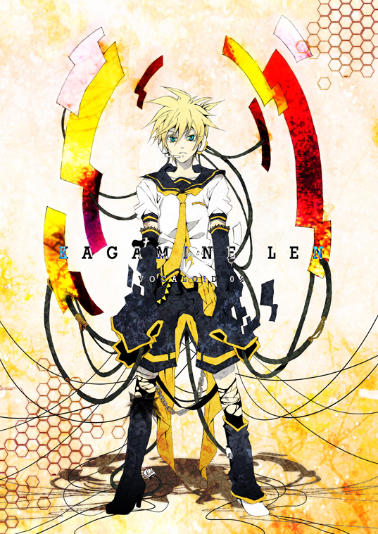 ruco, kagamine len, vocaloid, bad id, bad pixiv id, 1boy, aqua eyes, asymmetrical clothes, blonde hair, detached sleeves, headphones, headset, male focus, necktie, short hair, shorts, solo, yellow necktie