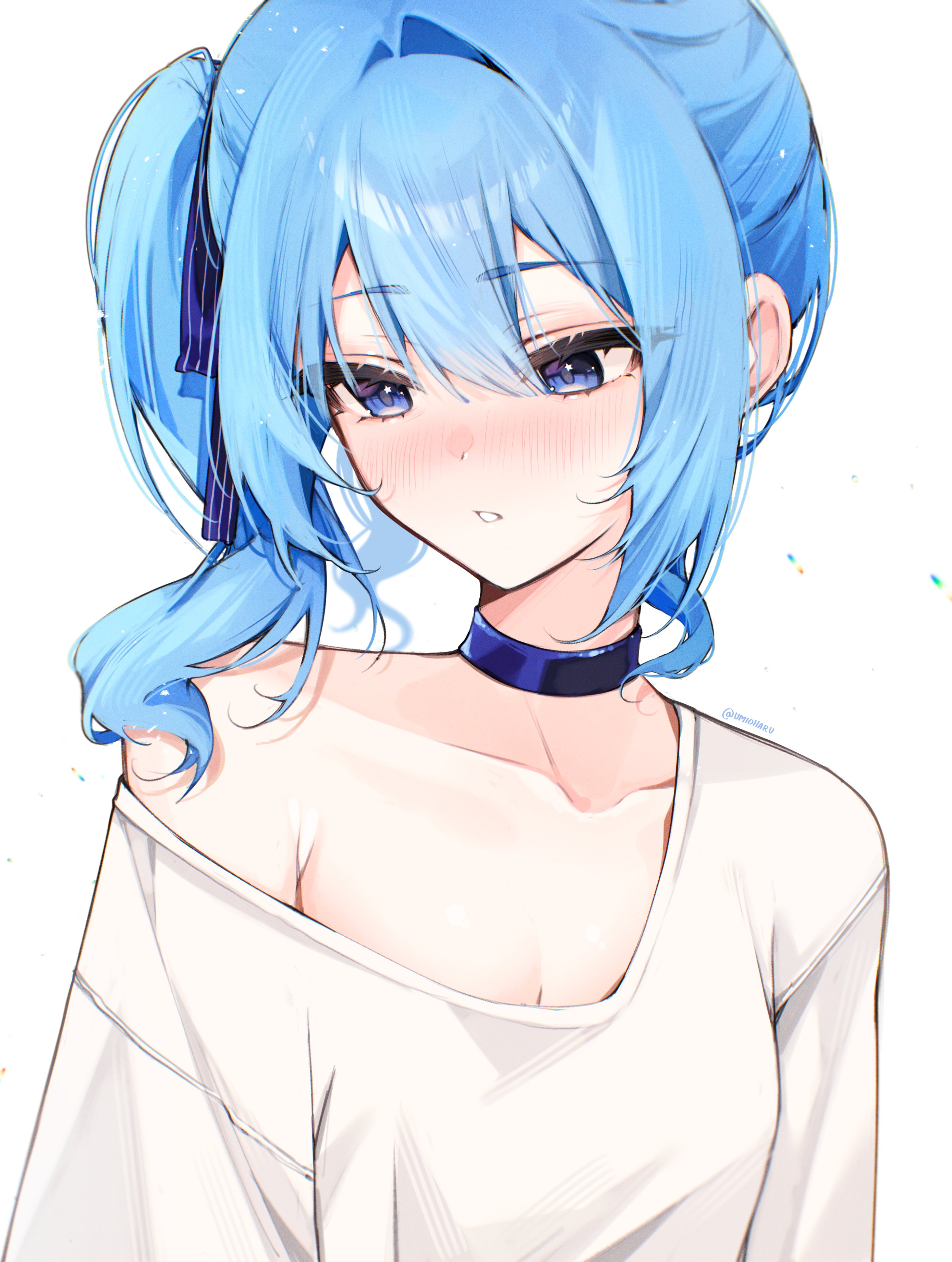yuzureei, hoshimachi suisei, hololive, absurdres, commentary, english commentary, highres, blue choker, blue eyes, blue hair, breasts, choker, haru too (harumaru 0), medium breasts, shirt, side ponytail, virtual youtuber, white shirt