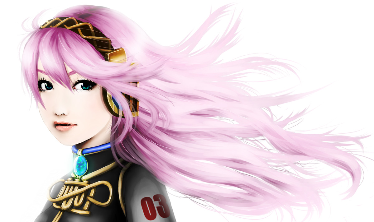 vesper, megurine luka, vocaloid, 1girl, aqua eyes, female focus, headphones, lips, long hair, pink hair, realistic, simple background, solo, white background
