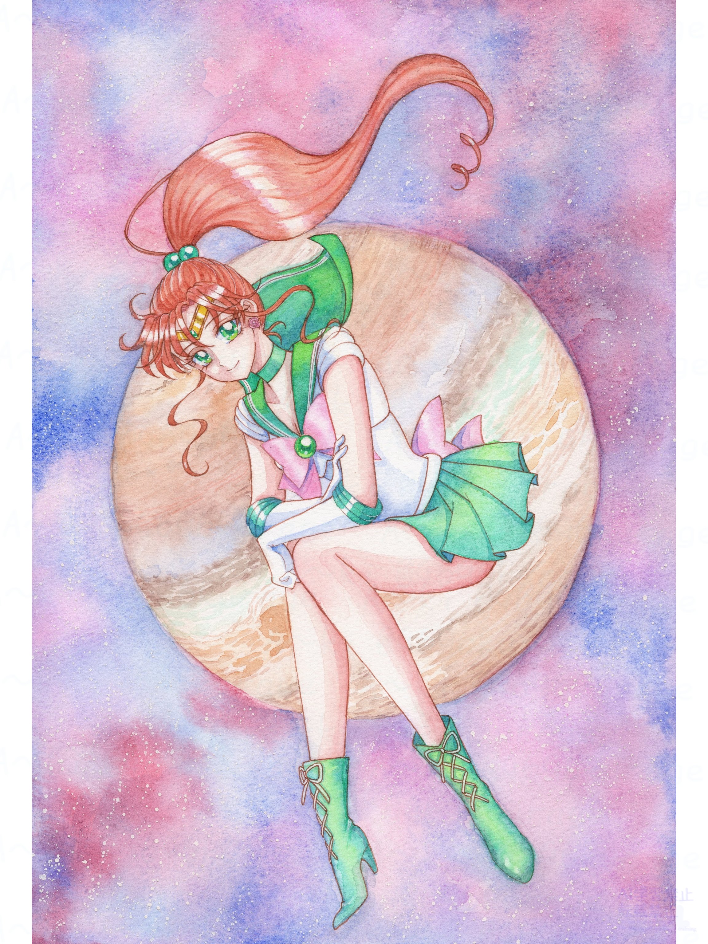 kino makoto, sailor jupiter, bishoujo senshi sailor moon, absurdres, commentary request, highres, 1girl, 4696kurage, back bow, bow, bowtie, brown hair, choker, circlet, gem, gloves, green choker, green eyes, green gemstone, green sailor collar, green skirt, hair bobbles, hair ornament, high heels, jupiter (planet), long hair, pink bow, pink bowtie, ponytail, sailor collar, sailor senshi uniform, skirt, smile, solo, white gloves