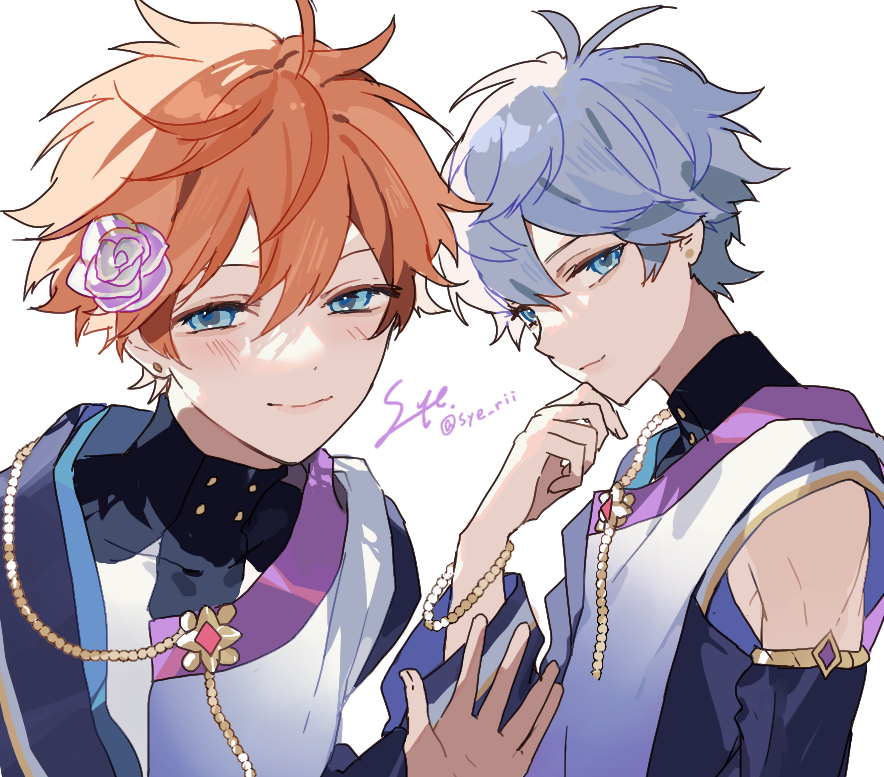 syerii, akehoshi subaru, sena izumi (ensemble stars!), ensemble stars!, commentary request, 2boys, artist name, black shirt, blue eyes, closed mouth, detached sleeves, flower, grey hair, hair between eyes, hair flower, hair ornament, hand on own chin, looking at viewer, multiple boys, official alternate costume, orange hair, purple flower, shirt, simple background, sketch, smile, upper body, white background