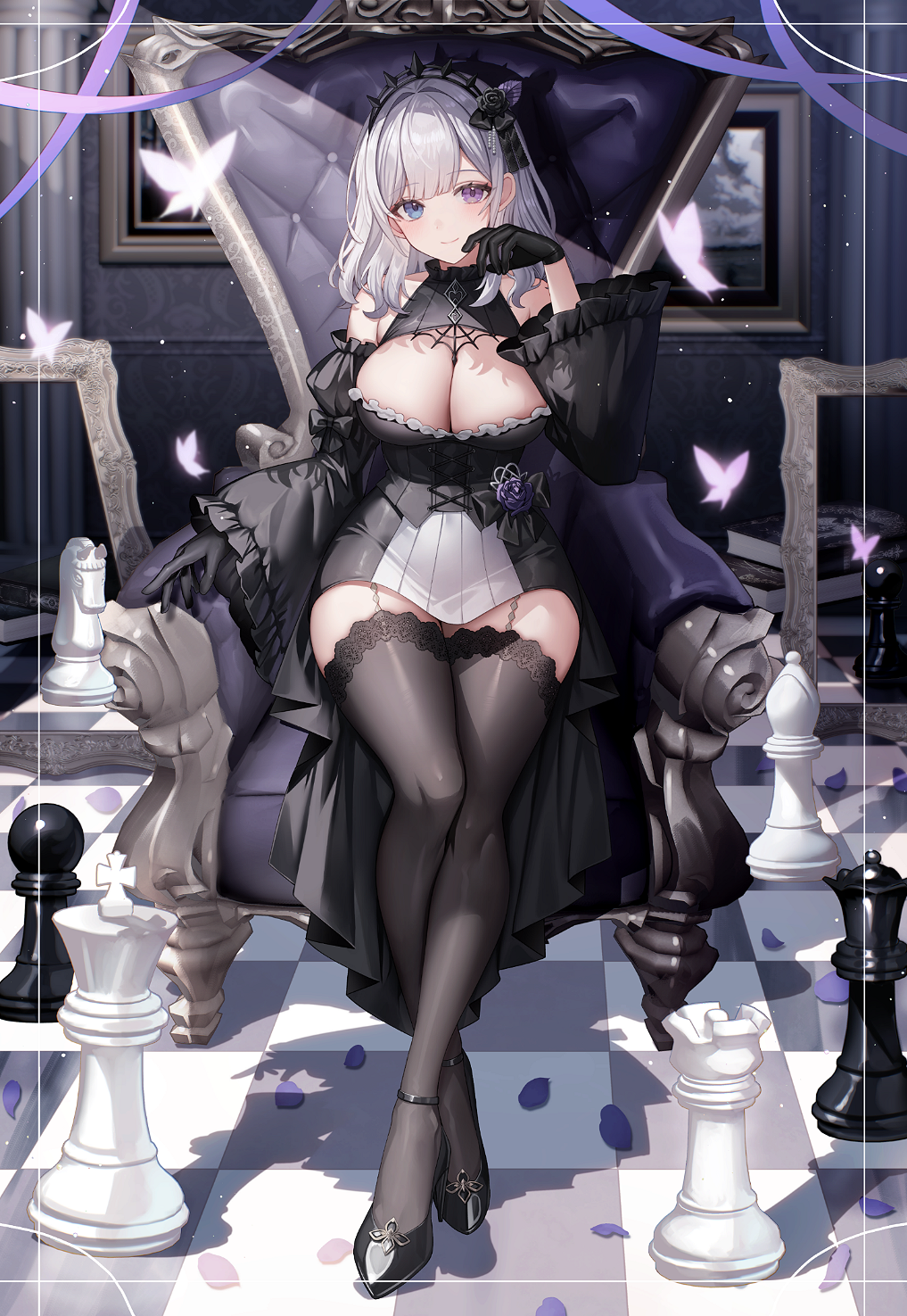 original, commentary request, commission, highres, skeb commission, 1girl, bare shoulders, bishop (chess), black dress, black flower, black garter straps, black gloves, black shoes, black sleeves, black thighhighs, blue eyes, breasts, chair, chess piece, cleavage, closed mouth, detached sleeves, dress, flower, full body, garter straps, gloves, grey hair, hand up, heterochromia, indoors, king (chess), knight (chess), large breasts, light smile, long hair, long sleeves, looking at viewer, mocchiri290, painting (object), pawn (chess), purple eyes, purple flower, queen (chess), rook (chess), shoes, sitting, solo, thighhighs