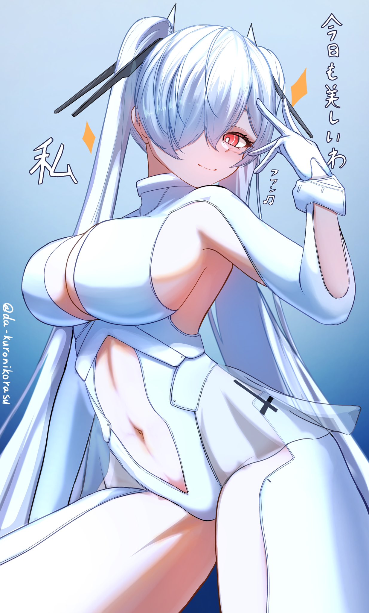 da kuronikorasu, cinderella (nikke), goddess of victory: nikke, shiny eyes, commentary request, highres, 1girl, armpit cutout, blush, bodysuit, breasts, cleavage, clothing cutout, gloves, hair over one eye, large breasts, leg cutout, long hair, looking at viewer, navel, navel cutout, one eye covered, red eyes, see-through bodysuit, see-through clothes, see-through skirt, simple background, skirt, smile, solo, stomach cutout, twintails, very long hair, white bodysuit, white hair