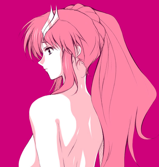 zundarepon, lacus clyne, gundam, gundam seed, 00s, 1girl, back, blue eyes, breasts, female focus, long hair, nude, pink hair, pink theme, ponytail, profile, simple background, solo