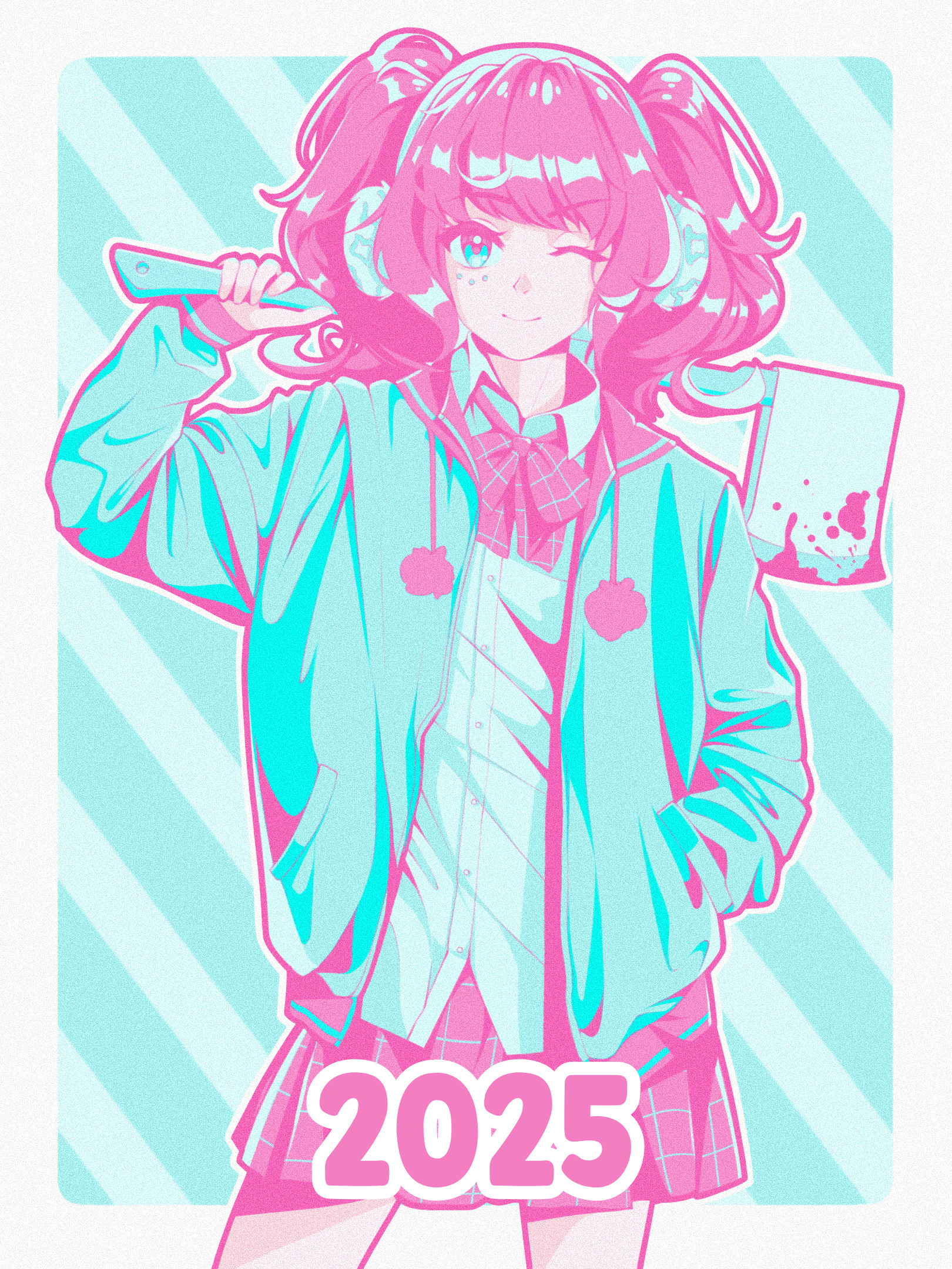 original, commentary, english commentary, highres, redrawn, 1girl, 2025, ;), aqua background, aqua eyes, aqua jacket, aqua shirt, axe, blood, blood on axe, border, bow, bowtie, closed mouth, collared shirt, contrapposto, cowboy shot, diagonal-striped background, duchess celestia, facial mark, film grain, grey border, hand in pocket, hand up, headphones, holding, holding axe, jacket, limited palette, long sleeves, looking at viewer, medium hair, miniskirt, one eye closed, open clothes, open jacket, outside border, over shoulder, pink bow, pink bowtie, pink hair, pink sailor collar, pink skirt, plaid bow, plaid bowtie, plaid clothes, plaid skirt, pleated skirt, pom pom (clothes), puffy long sleeves, puffy sleeves, sailor collar, shirt, simple background, skirt, smile, solo, standing, straight-on, striped background, twintails, weapon, weapon over shoulder