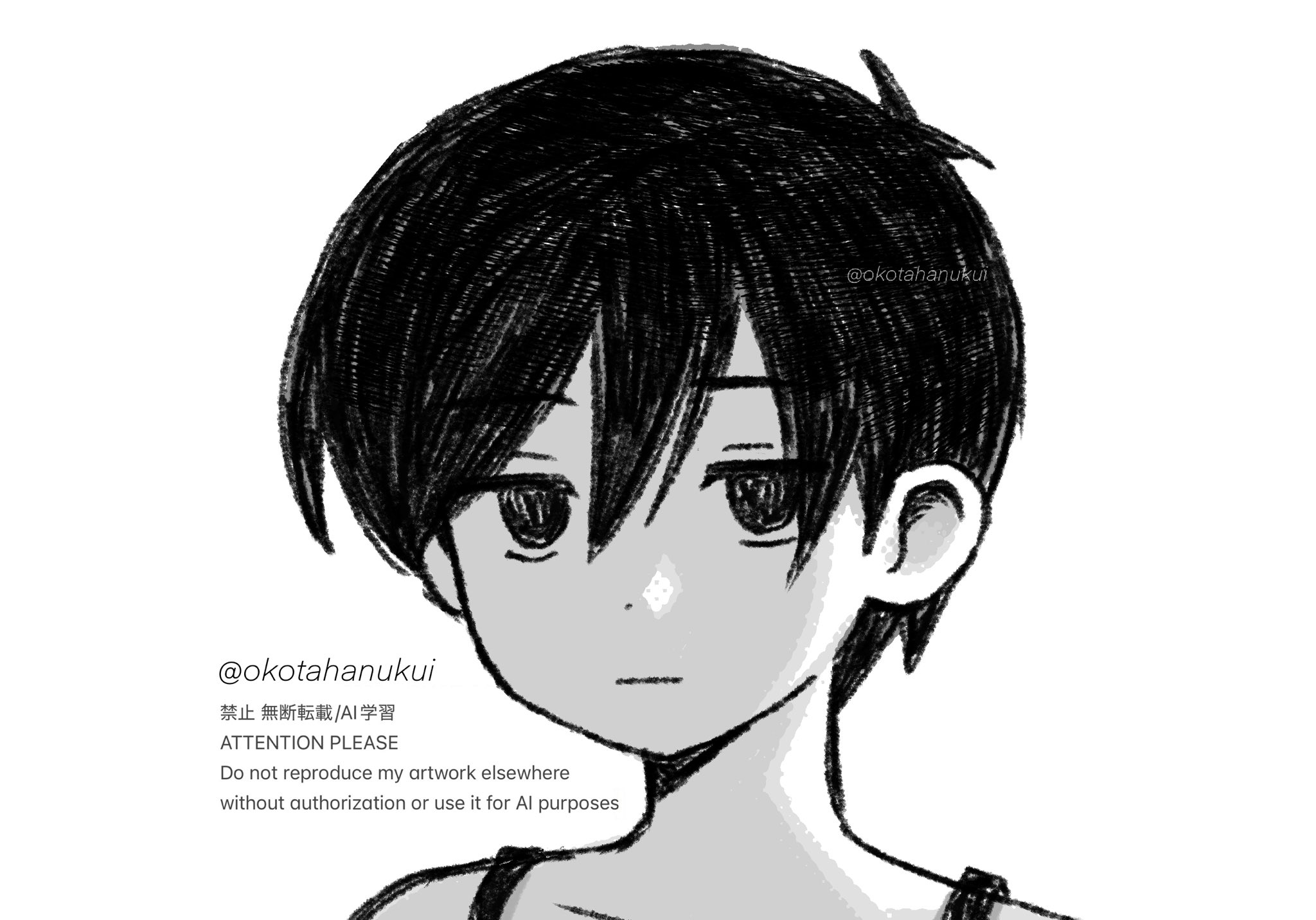 omori (omori), omori, commentary request, highres, 1boy, :|, antenna hair, backlighting, bare shoulders, closed mouth, collarbone, double-parted bangs, empty eyes, greyscale, hair behind ear, hair between eyes, halftone, high contrast, jitome, looking at viewer, male focus, monochrome, no pupils, okotahanukui, short hair, simple background, solo, tank top, twitter username, very short hair, watermark, white background