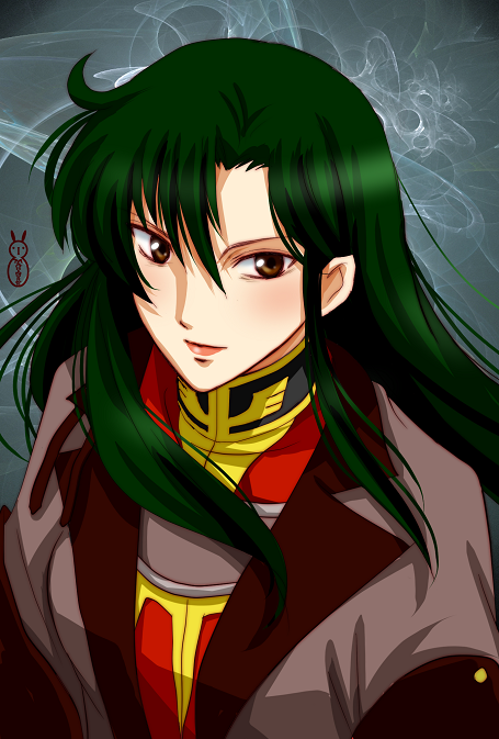 machinosuke, cima garahau, gundam, gundam 0083, 1990s (style), 1girl, brown eyes, female focus, green hair, lipstick, long hair, makeup, military, military uniform, retro artstyle, solo