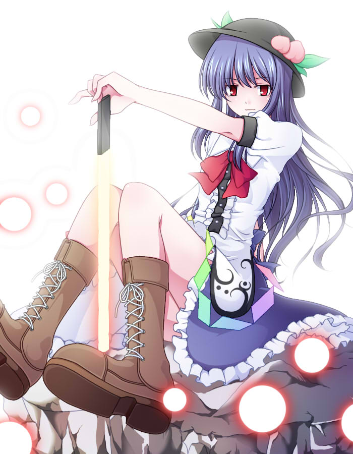chidori (rannrannru), rannrannru, hinanawi tenshi, touhou, bad id, bad pixiv id, 1girl, blue hair, boots, female focus, food, fruit, hat, long hair, peach, red eyes, solo, sword, sword of hisou, weapon