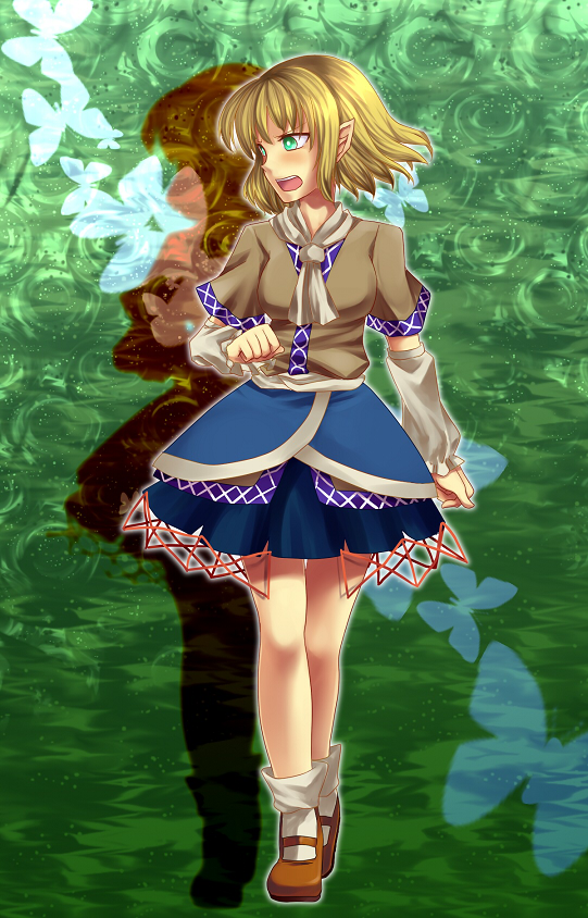 sayama yoshiki, mizuhashi parsee, touhou, bad id, bad pixiv id, 1girl, arm warmers, blonde hair, female focus, green eyes, kakusei shitauruchi, pointy ears, scarf, short hair, solo