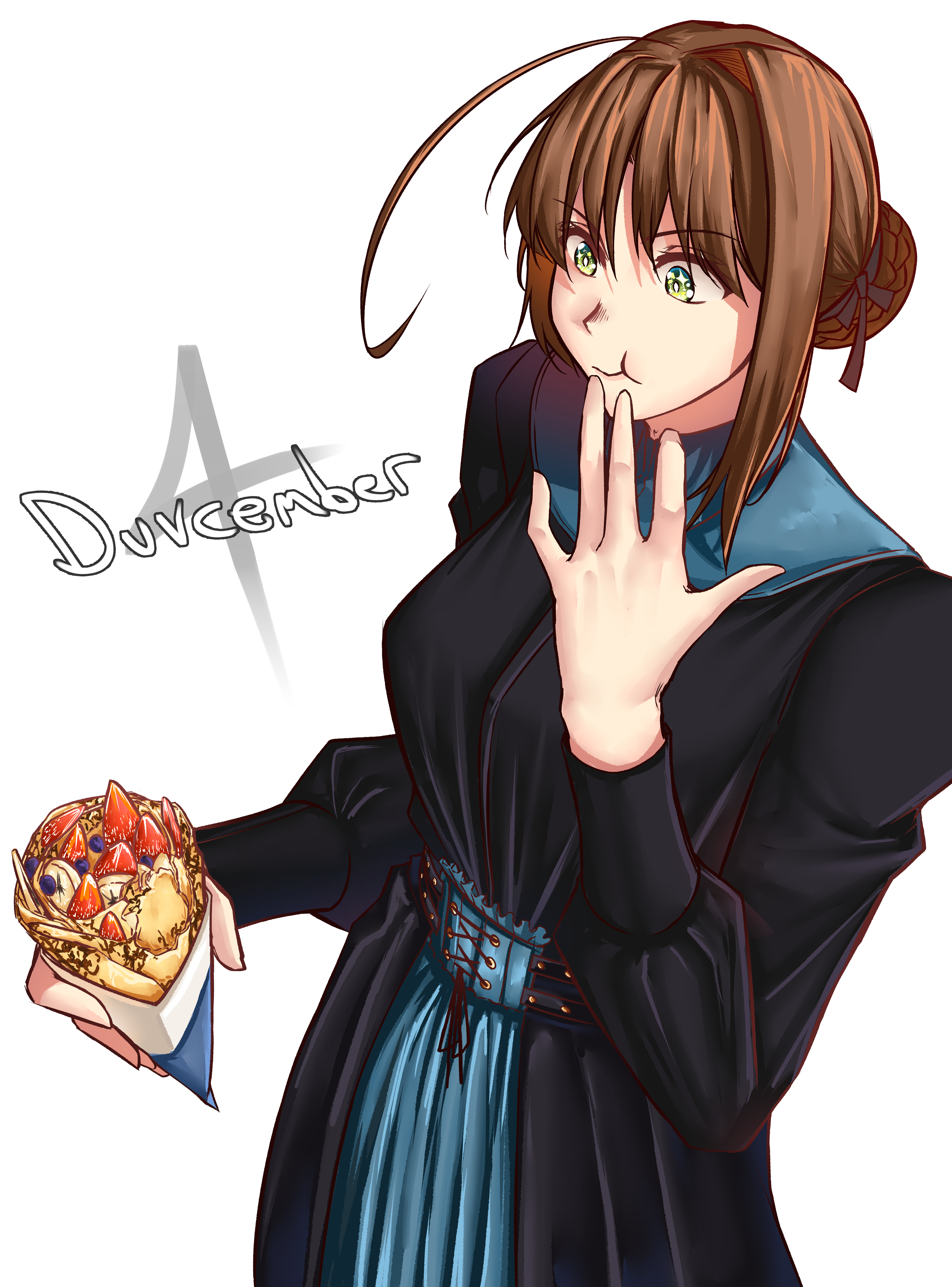 moren eh, duvalie, eiyuu densetsu, sen no kiseki (series), absurdres, commentary, english commentary, highres, 1girl, ahoge, braid, bun with braided base, cream, crepe, dated, eating, food, fruit, green eyes, hair bun, holding, holding crepe, holding food, ice cream, ice cream crepe, long sleeves, puffy long sleeves, puffy sleeves, short hair, simple background, single hair bun, single hair intake, solo, strawberry, strawberry slice, upper body, white background
