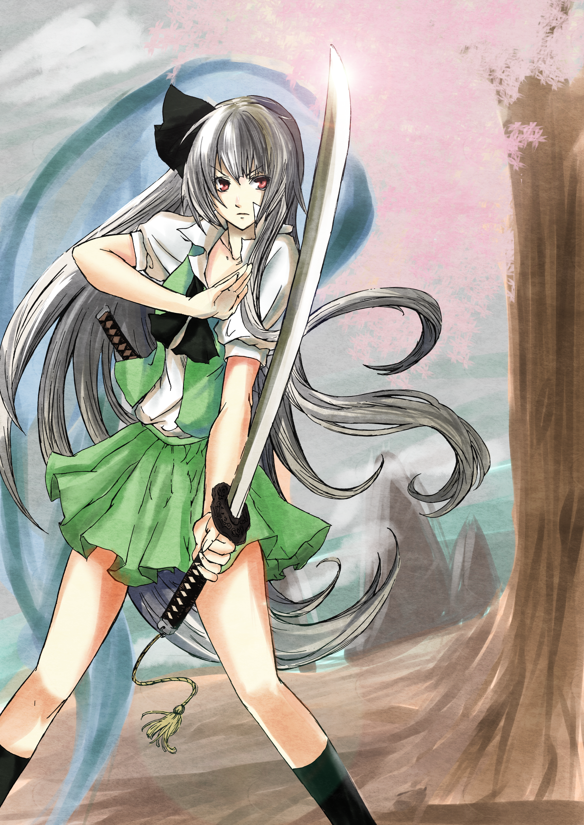 kitunemimi, nyakonro (nekonro), konpaku youmu, konpaku youmu (ghost), touhou, silver hair, absurdres, bad id, bad pixiv id, highres, 1girl, aged up, alternate hairstyle, female focus, hitodama, katana, kneehighs, long hair, red eyes, socks, solo, sword, weapon