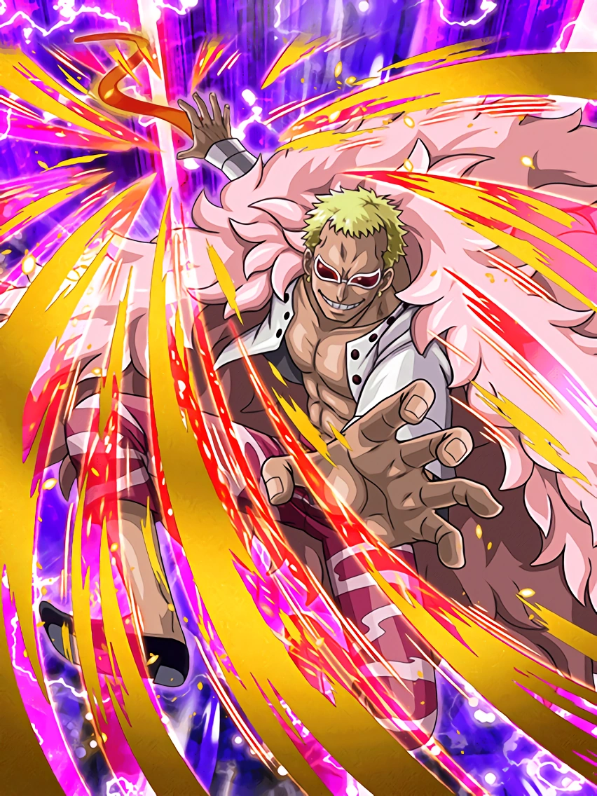 donquixote doflamingo, dragon ball, dragon ball z dokkan battle, one piece, toei company, artist collaboration, official art, 1boy, abs, blonde hair, capri pants, coat, crossover, devil fruit power, feather coat, full body, grin, jumping, looking at viewer, muscular, open clothes, open vest, orange-tinted eyewear, pants, pectorals, pink coat, shirt, short hair, smile, sunglasses, tinted eyewear, title, vest, white-framed eyewear