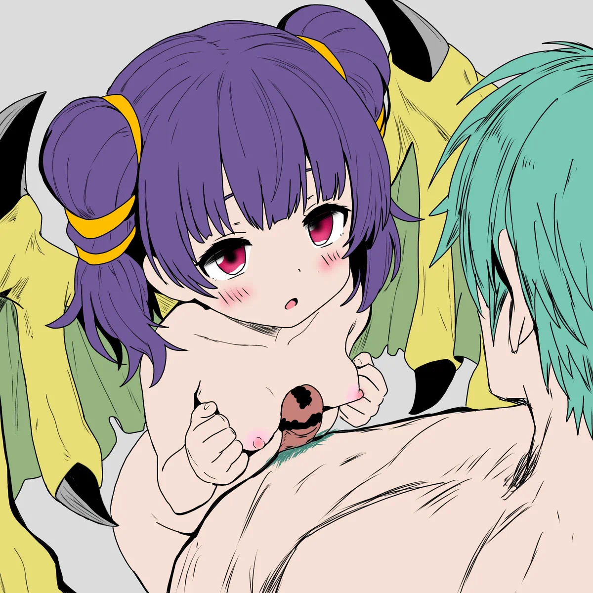 ephraim (fire emblem), myrrh (fire emblem), fire emblem, fire emblem: the sacred stones, nintendo, 1boy, 1girl, blush, breasts, censored, dragon girl, dragon wings, green hair, looking at another, naizuri, nemonemonerune, nipples, nude, paizuri, penis, purple hair, red eyes, simple background, small breasts, twintails, wings