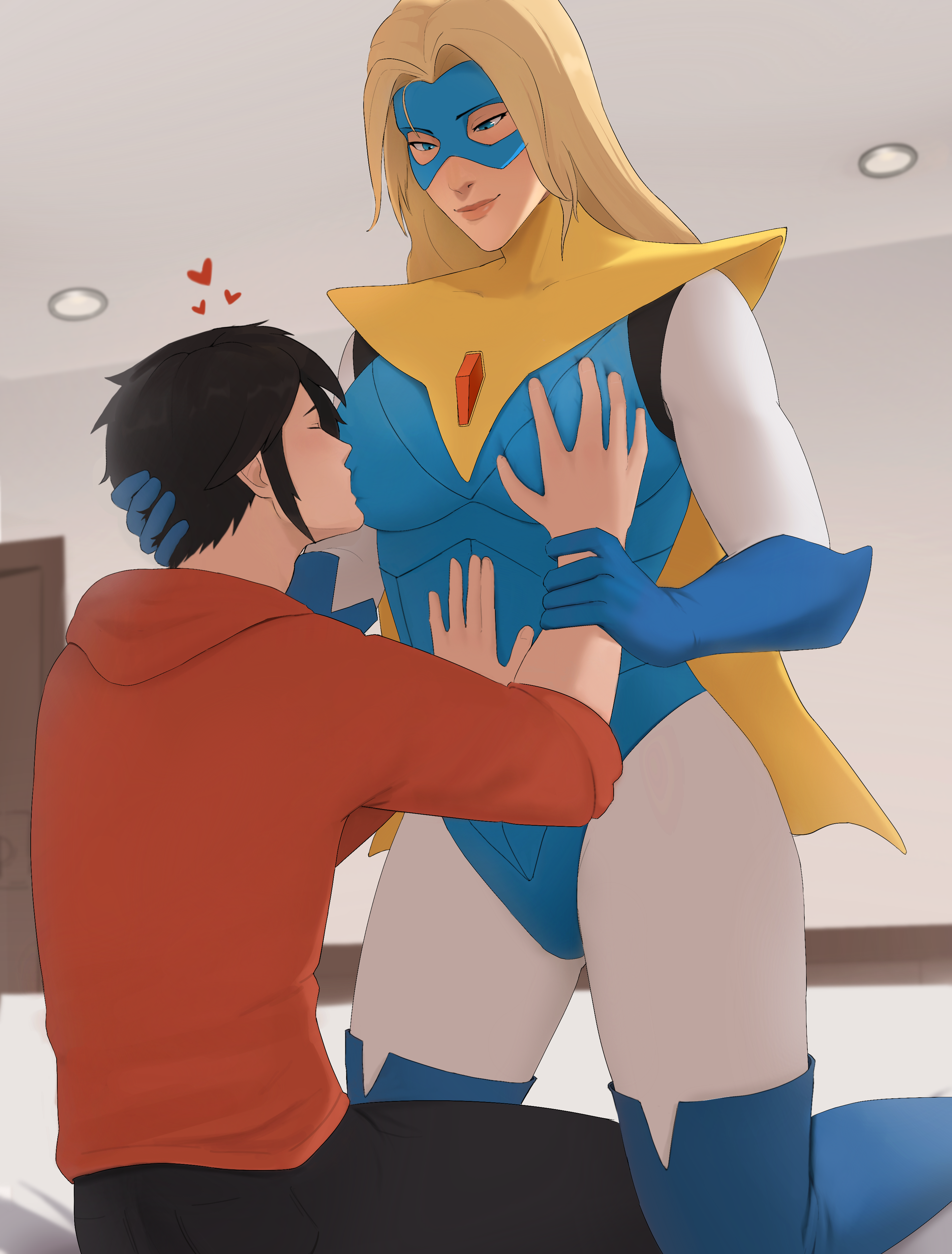 blonde blazer, chun-li fan, dispatch, absurdres, commission, commissioner upload, highres, 1boy, 1girl, bed, bedroom, blonde hair, blue bodysuit, blue boots, blue eyes, blue gloves, blue mask, bodysuit, boots, breast sucking, breasts, cape, gloves, grabbing another's breast, groping, groping breast, guided breast grab, guiding hand, hand on another's stomach, kneeling, large breasts, lipstick, makeup, mask, short cape, smile, spandex, sucking boobs, thighhighs, thighs, yellow cape