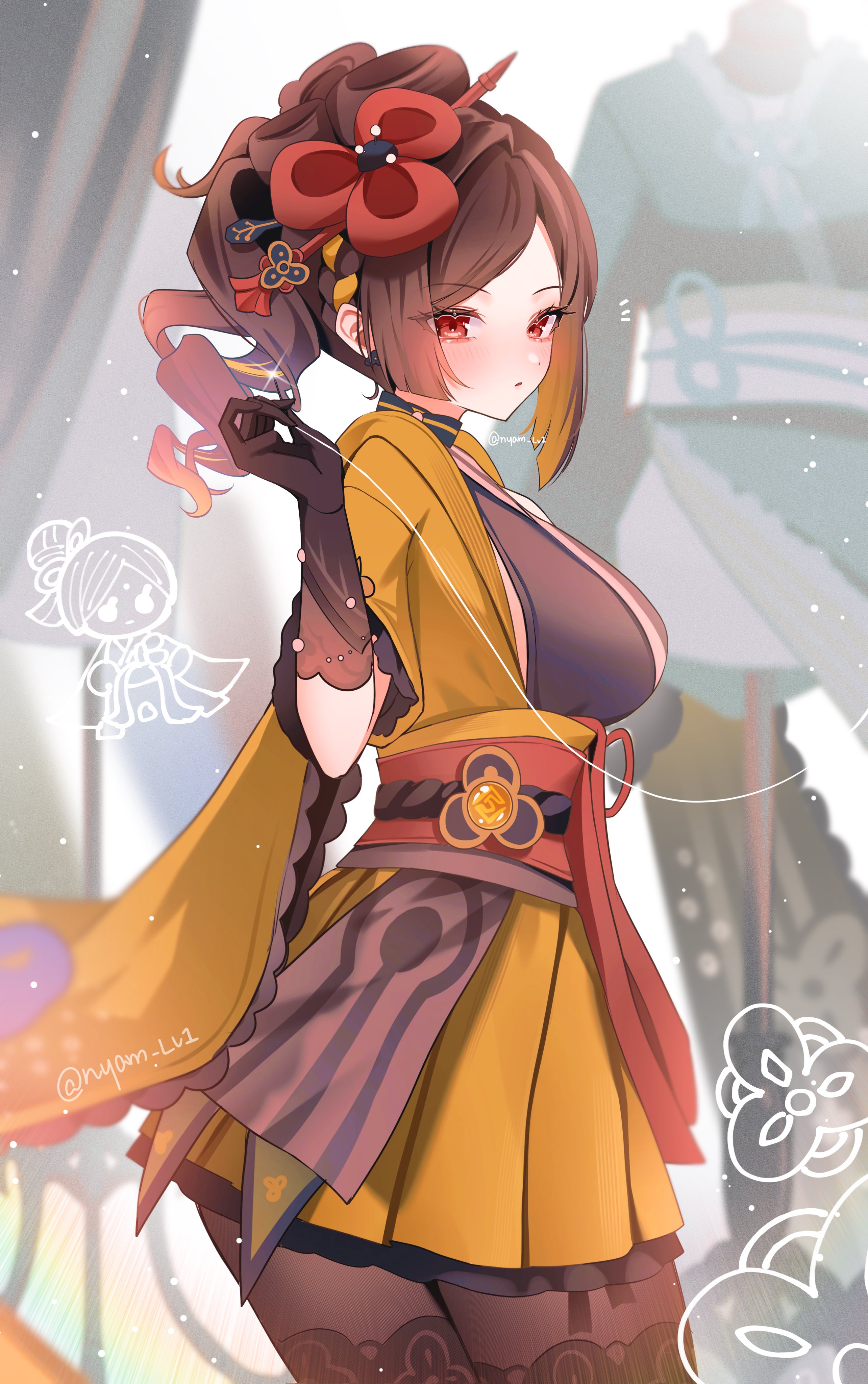 nyamo-lv0, chiori (genshin impact), genshin impact, absurdres, commentary request, highres, 1girl, black pantyhose, blonde hair, blush, breasts, brown gloves, brown hair, from side, geo symbol (genshin impact), gloves, hair ornament, hand up, holding, holding string, large breasts, looking at viewer, looking to the side, multicolored hair, pantyhose, red eyes, red hair, red sash, sash, solo, string, twitter username, vision (genshin impact)