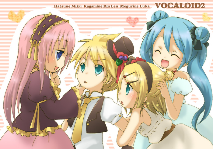 hidacafe, izumi yuu (mee), hatsune miku, kagamine len, kagamine rin, megurine luka, vocaloid, 1boy, 3girls, aqua eyes, aqua hair, blonde hair, blue eyes, dress, flower, hair ornament, hair ribbon, hairband, hairclip, hat, heart, long hair, mini hat, mini top hat, multiple girls, necktie, pimp, pink hair, ribbon, rose, short hair, siblings, smile, top hat, twins, twintails