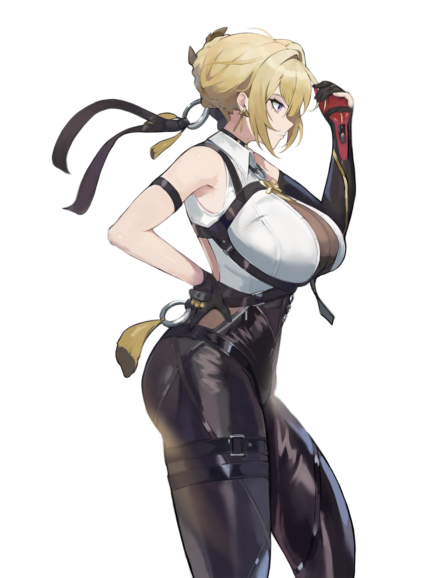 evelyn chevalier, zenless zone zero, commentary request, highres, aren67r, arm strap, armpits, bare shoulders, black pants, blonde hair, breasts, chest harness, elbow gloves, from side, gloves, hair up, half gloves, hand on own hip, harness, high-waist pants, large breasts, latex pants, long ribbon, necktie, pants, purple eyes, ring hair ornament, see-through cleavage, see-through clothes, single elbow glove, single half glove, solo, tight clothes, tight pants, white background, yellow necktie
