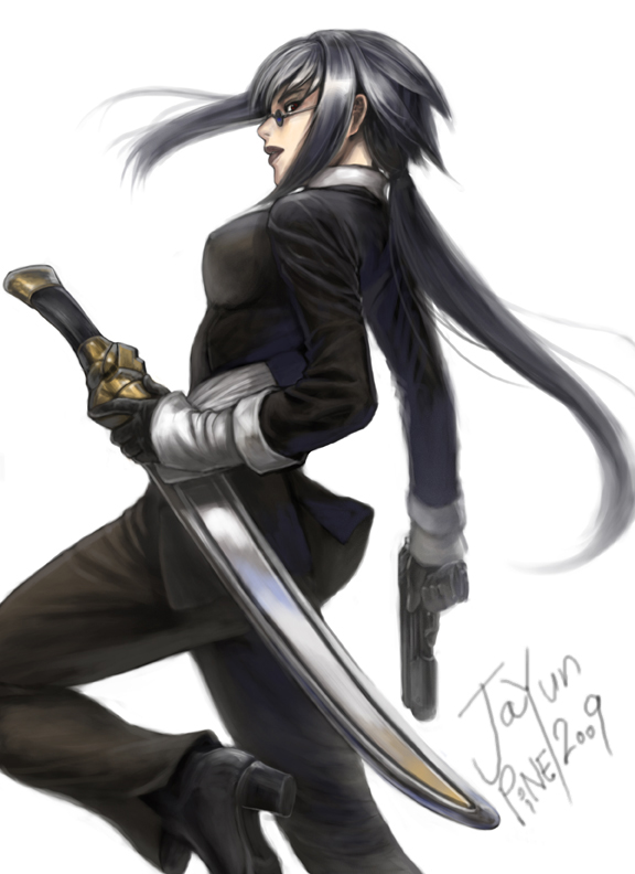 jayun, original, silver hair, commentary, 1girl, dual wielding, dutch angle, female focus, formal clothes, from behind, gloves, gun, handgun, holding, looking back, pale skin, pant suit, pants, pistol, ponytail, solo, suit, sunglasses, sword, weapon