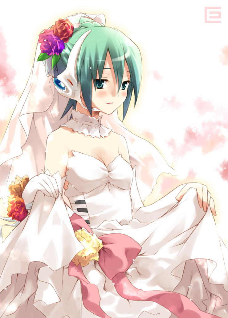 eretto, hatsune miku, hatsune miku (white dress), project diva, project diva (series), vocaloid, alternate hairstyle, aqua eyes, aqua hair, blush, bridal veil, dress, elbow gloves, flower, gloves, headphones, headset, rose, solo, tail, veil, white dress