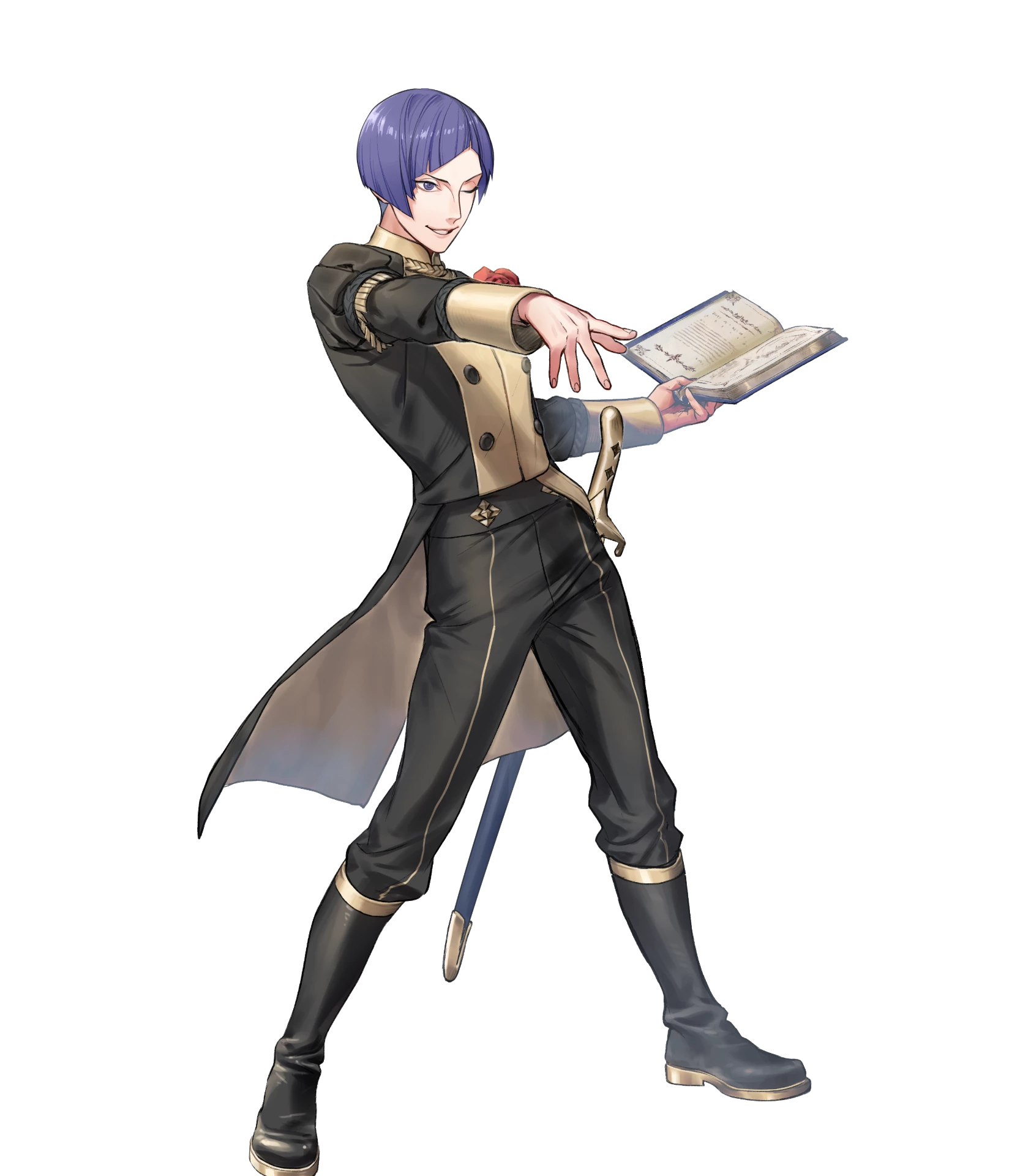lorenz hellman gloucester, fire emblem, fire emblem: three houses, fire emblem heroes, nintendo, highres, non-web source, 1boy, attack, book, brooch, diagonal bangs, flower, flower brooch, garreg mach monastery uniform, holding, holding book, jewelry, male focus, one eye closed, open book, purple eyes, purple hair, red flower, red rose, rose, smile, solo