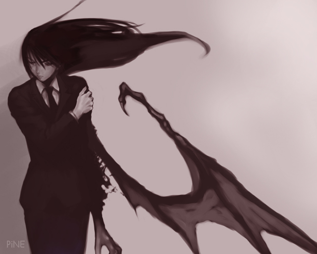 jayun, original, commentary, gender request, androgynous, bat wings, demon wings, formal clothes, holding own arm, long hair, looking down, monochrome, monster, necktie, solo, suit, transformation, vampire, wind, wings