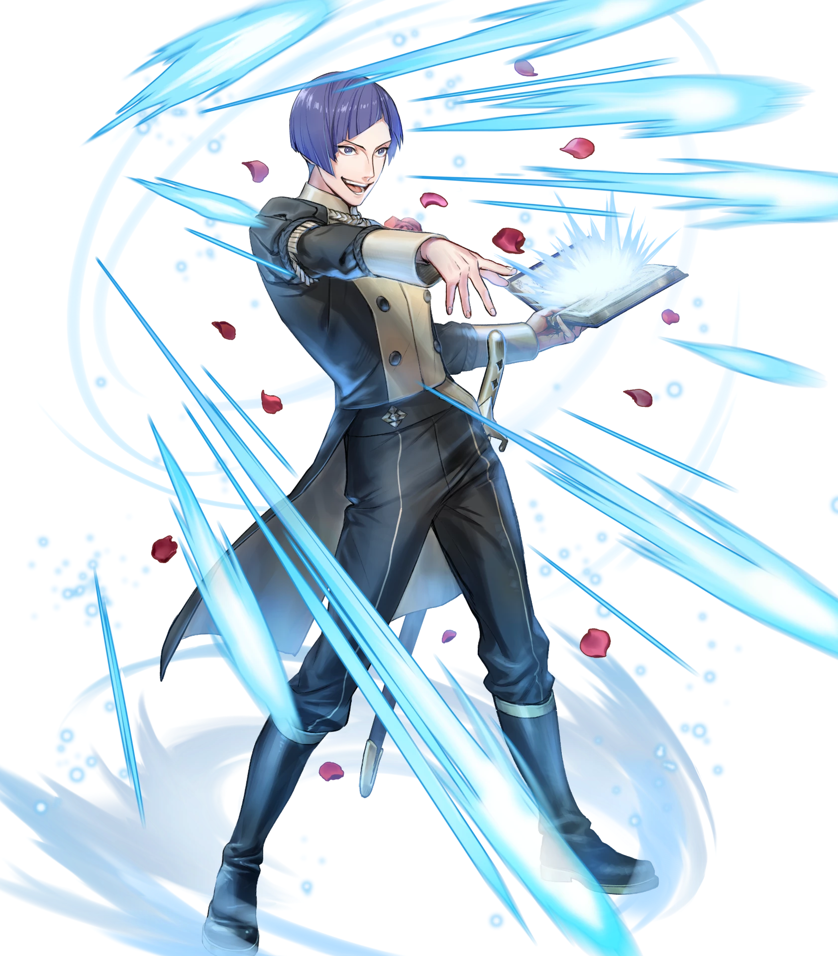 lorenz hellman gloucester, fire emblem, fire emblem: three houses, fire emblem heroes, nintendo, highres, non-web source, 1boy, attack, book, brooch, diagonal bangs, flower, flower brooch, garreg mach monastery uniform, glowing book, holding, holding book, jewelry, male focus, open book, open mouth, petals, purple eyes, purple hair, red flower, red rose, rose, rose petals, smile, solo