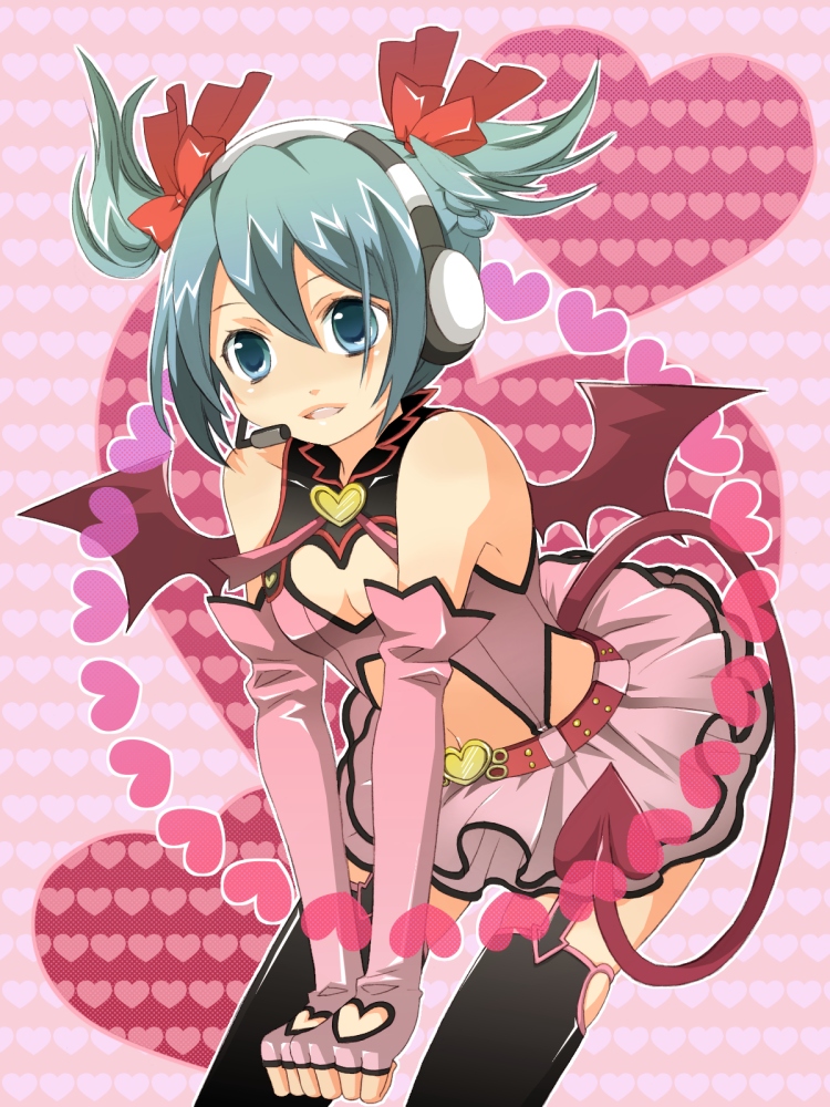 7melon, nana melon, hatsune miku, hatsune miku (heart hunter), heart hunter, project diva, project diva (series), vocaloid, bad id, bad pixiv id, 1girl, aqua eyes, aqua hair, bat wings, breasts, cleavage cutout, clothing cutout, elbow gloves, female focus, fingerless gloves, gloves, hair ribbon, headphones, headset, heart, heart cutout, ribbon, short hair, skirt, smile, solo, tail, thighhighs, twintails, wings, zettai ryouiki