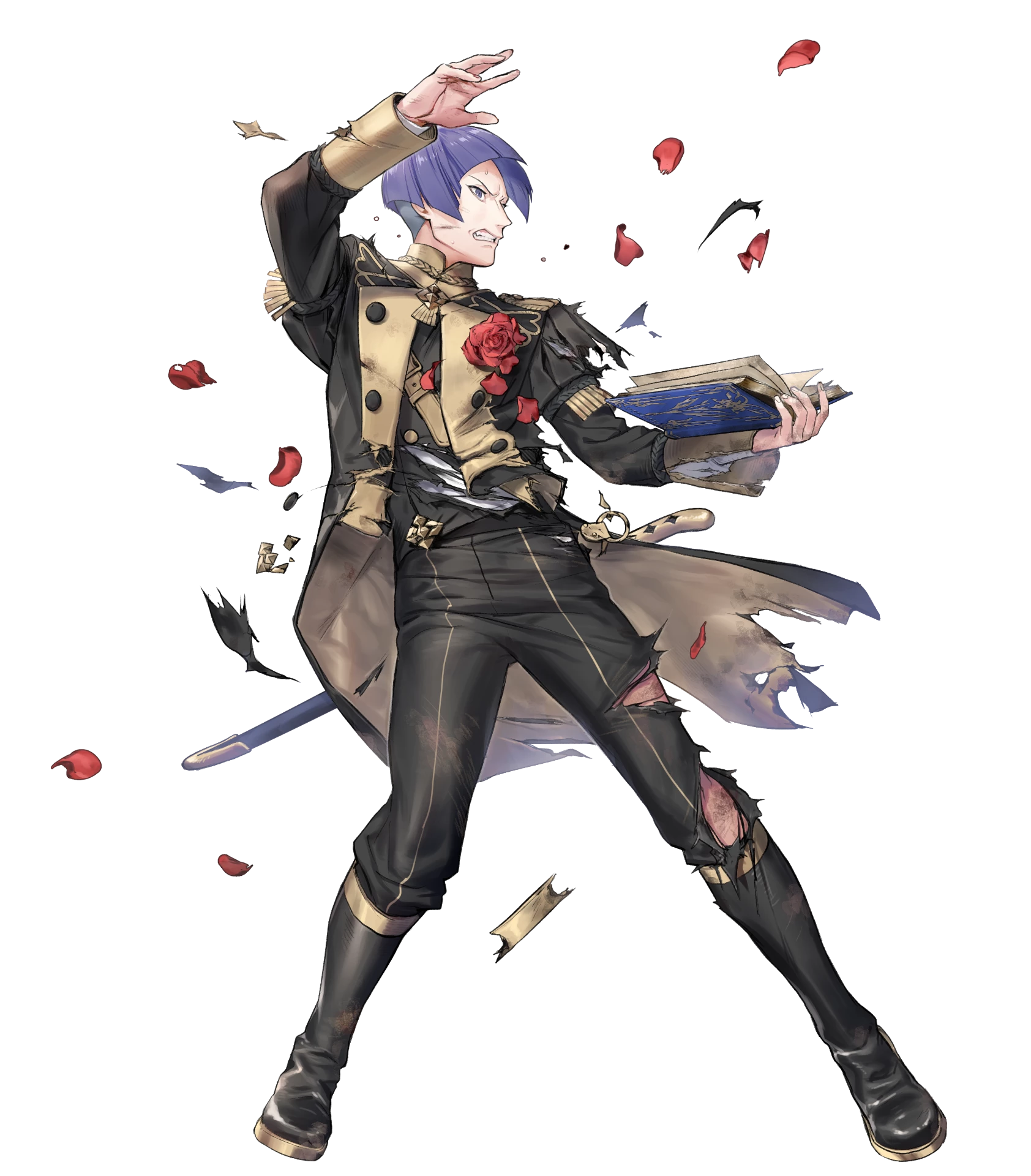 lorenz hellman gloucester, fire emblem, fire emblem: three houses, fire emblem heroes, nintendo, highres, non-web source, 1boy, brooch, clenched teeth, damaged, diagonal bangs, flower, flower brooch, garreg mach monastery uniform, jewelry, male focus, purple eyes, purple hair, red flower, red rose, rose, solo, teeth, torn clothes