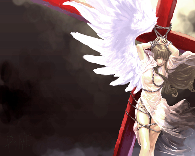 jayun, original, 1girl, angel, arms up, bdsm, bondage, bound, brown hair, chain, closed eyes, cross, dress, dutch angle, female focus, long hair, see-through clothes, solo, white dress, wind, wings