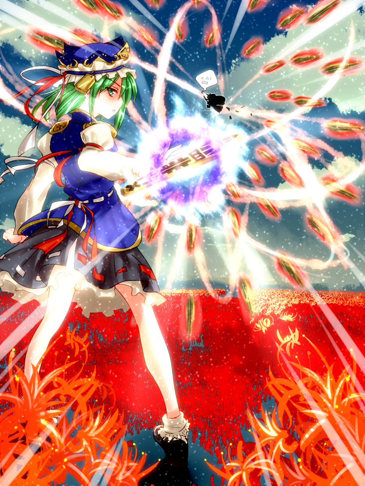 irusu, kirisame marisa, shiki eiki, phantasmagoria of flower view, touhou, 2girls, danmaku, female focus, flower, green eyes, green hair, hat, looking back, multiple girls, red flower, rod of remorse, short hair, spider lily