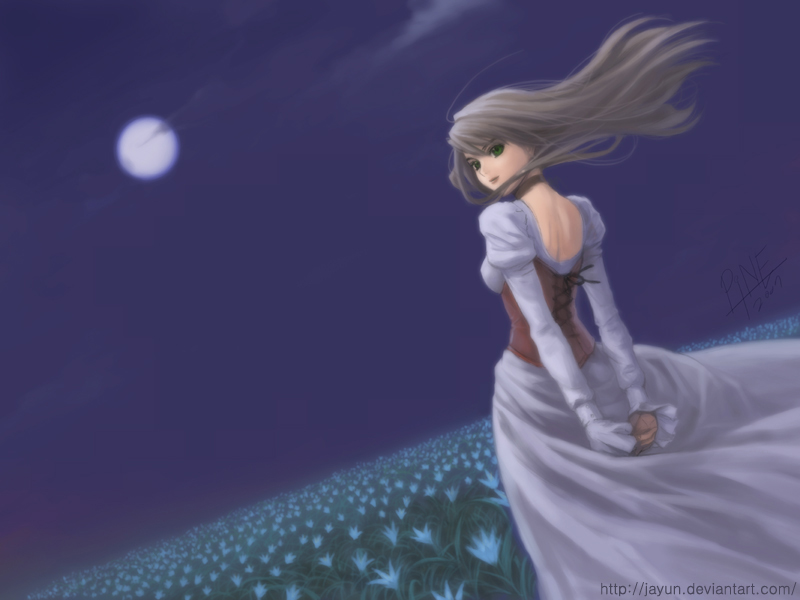 jayun, original, commentary, 1girl, arms behind back, back, brown hair, choker, cloud, corset, dress, dutch angle, female focus, field, flower, folded hands, from behind, full moon, green eyes, long hair, looking back, moon, own hands clasped, own hands together, solo, white dress, wind