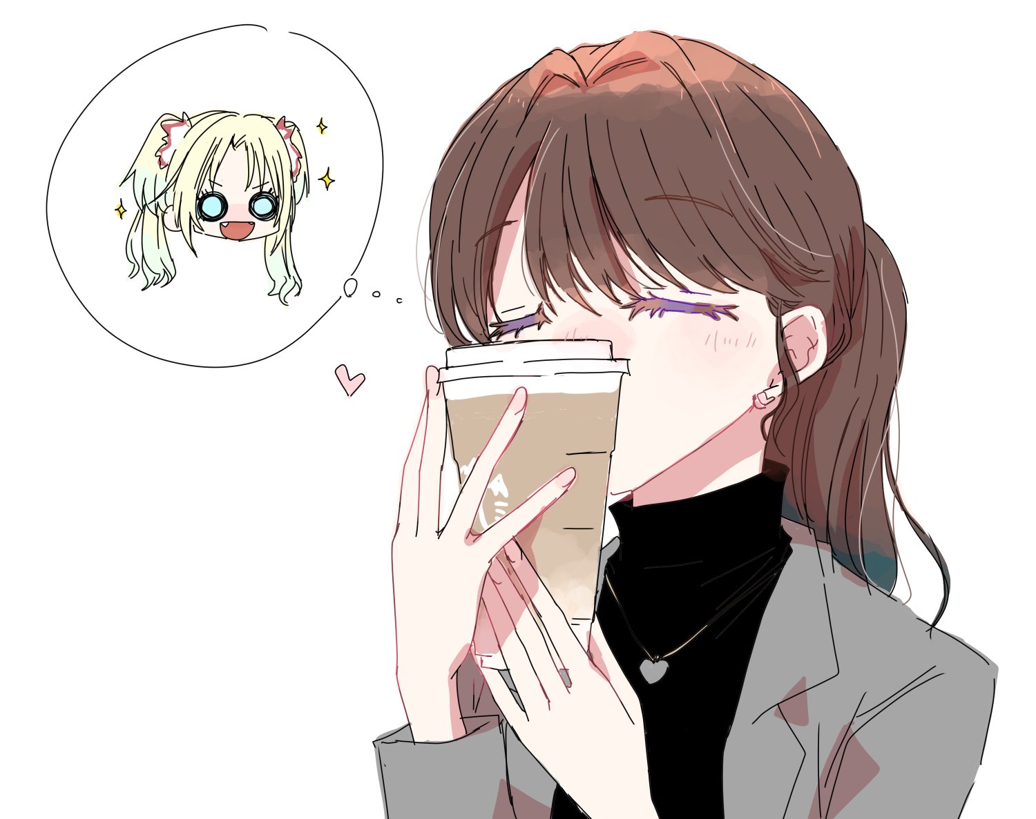 aihara (keitora), fujishima megumi, fujishima megumi (post-graduation), osawa rurino, link! like! love live!, love live!, commentary request, 2girls, :d, black sweater, blonde hair, blue eyes, blue hair, brown hair, closed eyes, cup, disposable coffee cup, disposable cup, earrings, fang, flower, gradient hair, grey jacket, hair flower, hair ornament, heart, heart earrings, heart necklace, holding, holding cup, jacket, jewelry, long hair, long sleeves, multicolored hair, multiple girls, necklace, object kiss, official alternate costume, open clothes, open jacket, open mouth, pink flower, ponytail, sidelocks, smile, speech bubble, spoken character, stud earrings, suit jacket, sweater, thought bubble, v-shaped eyebrows, virtual youtuber