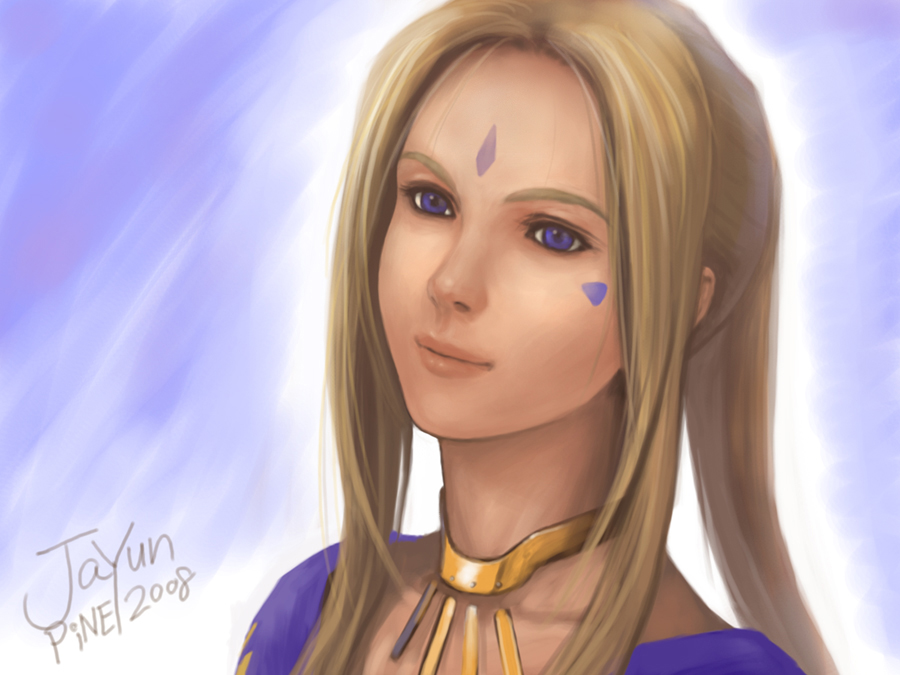 jayun, belldandy, aa megami-sama, commentary, 1girl, blonde hair, blue eyes, choker, collarbone, facial mark, female focus, forehead mark, jewelry, long hair, necklace, ponytail, realistic, smile, solo, upper body